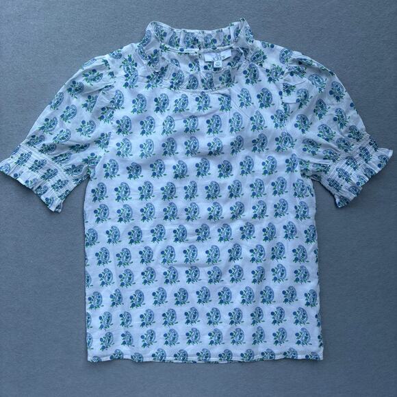 NWT SZ Blockprints X J. Crew smocked puff sleeve blouse in blue paisley size XXS - Picture 3 of 10